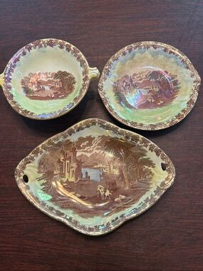 Vintage Maling Newcastle On Tyne England China Serving Set; Brown & Cream Lustre